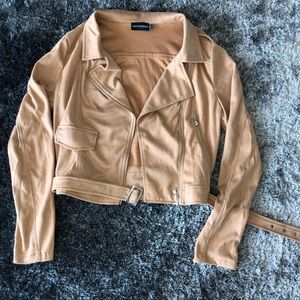 Tan faux suede biker jacket PRETTY LITTLE THING